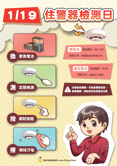 安裝住警器！記得1月19日定期檢測，居家安全更安心。